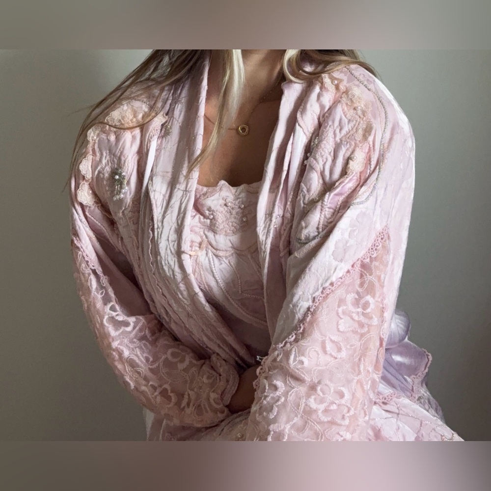 Women’s Pink Maxi Skirt, Top and Jacket Matching Set - Lace Panel Design - Picture 4 of 6